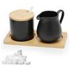 Yuragim Set di latte e zucchero con coperchio e cucchiaio, 5 pezzi, in ceramica, con vassoio in legno, per latte e zucchero, per cucina, caffè, microonde e lavastoviglie (nero)