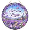Generic Cartello di benvenuto con lavanda per porta d'ingresso, romantiche farfalle e fiori primaverili in legno viola per porta d'ingresso, decorazioni per esterni, portico esterno, set da 1