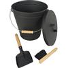 Relaxdays Secchio per la Cenere con Coperchio, 20 L, Scopa e Paletta per Camino, Manico in Legno, Nero/Naturale
