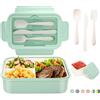 LUZOON Bento Lunch Box,1400ml Bento Box con 3 Scomparti e Posate per Adulti, Porta Pranzo con Posate e Scatola Per Salse,Senza BPA,Sicuri per Microonde e Lavastoviglie (Verde Chiaro)