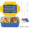 LUZOON Bento Box, 1400ml Porta Pranzo con Posate Lunch Box Microonde Bento Box con 3 Scomparti e Posate(Cucchiaio e coltello e forchetta) -Blu+Scatola Per Salse