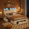 PerGar Letto Matrimoniale con contenitore 160x200, Letto imbottito con 3 cassetti e rete a doghe, Struttura per letto con LED e Stazione di Ricarica, Velluto, Beige, senza materasso