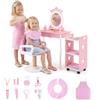 COSTWAY 2 in 1 Set Tavolo Parrucchiere e Sedia Girevole per Bambini 3+ Anni | Toeletta Trucco con Specchio Rimovibile con Luci, Specchiera con Carrello e Accessori, Postazione Salone per Studio e Gioco