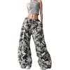 Generic Pantaloni da paracadute mimetici da donna, larghi, gamba larga, pantaloni cargo elasticizzati con coulisse in vita, casual, streetwear Y2K, alla moda, oversize, stampa mimetica militare con tasche