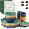 Wrova Set di stoviglie in plastica, 16 pezzi, per 4 persone, piatti e ciotole, bicchieri e ciotole, riutilizzabili, per campeggio, adatte al microonde, multicolore