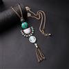 Collana Lunga Sautoir Dorato Pompon Nappa Turchese Art Deco Etnico Retro XL1