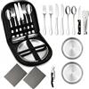 ZEPHIFANDU Set di stoviglie da campeggio per 2 persone, 14 pezzi, in acciaio inox, con borsa per posate riutilizzabile, piatto, forchetta, coltello, cucchiaio, pinza e apribottiglie per campeggio, picnic