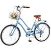 VEVOR Bicicletta Cruiser Beach Telaio Acciaio Carico 150kg Colore Azzurro 7 Velocità, Cestino, Portapacchi Posteriore Doppi Freni V-Brake, Spostamenti Quotidiani, Dimensioni Ruota 660 mm 26 pollici