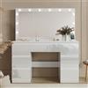 TRIUMPHKEY Bianco Lucido Toeletta Trucco con LED e Prese,Postazione Trucco con Grande Specchio,120 x 40 x 140 cm,Tavolo da Trucco con 7 Cassetti e Armadio per Gioielli