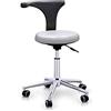 Quirumed Sgabello con Schienale Ergonomico Professionale, Colore Silver, Struttura in Acciaio Inox, Similpelle, Base con Ruote, Sedile Regolabile in Altezza, fino a 120 kg
