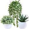 Winlyn Set di 3 piante grasse artificiali assortite in vasi di cemento bianco finto luppolo di aloe filo di perle piante in vaso, piccole piante finte per casa, giardino, ufficio, scrivania, bancone,