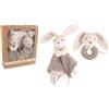 DODO D'AMOUR - Set Doudou Quadrato e Sonaglio - Coniglio - 053020 - Colori Assortiti - Doudou - Nascita - Peluche - Bambino - Rassicurante - Morbido - Lavabile - 29 cm x 22 cm - A Partire da 0 mesi