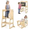 COSTWAY 3 in 1 Torre di apprendimento per bambini, sgabello pieghevole e tavoletta e tavolo per bambini, a partire da 1 anno, colore naturale