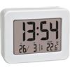 TFA Dostmann Mini sveglia con temperatura, 60.2044.02, orologio da tavolo, funzionamento a batteria, con data e termometro interno, sveglia da viaggio, piccolo, bianco