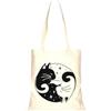 Handmade Borsa Tote in Cotone con Stampa di Gatti e Luna, Naturale