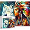 Tucocoo Puzzle di donna afroamericana e lupo 1000 pezzi per adulti, copricapo colorato acchiappasogni 50 x 68 cm bellissimo ritratto di nativi americani arte colorata opera d'arte dei nativi americani