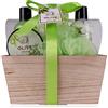 Accentra - Set da doccia da donna Olive in una bella scatola di legno, set per la cura di 5 pezzi con gel doccia, lozione per il corpo, sali da bagno, scrub per il corpo e spugna a rete, set regalo