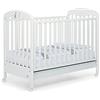 Foppapedretti Lettino con Sponda Regolabile Piccoli Amici, Legno di Faggio, Made in Italy, Rete a Doghe di Faggio, Ampio Cassetto, Regolabile a Doppia Altezza, 4 ruote, 131x71x105 cm, Bianco