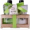Accentra Set doccia da donna, set regalo Olive in bella scatola di legno, set per la cura di 2 pezzi con gel doccia e lozione per il corpo, set regalo benessere per compleanno, San Valentino e Natale
