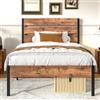 VECELO Struttura letto 90 x 200 cm, letto singolo in metallo con testiera in legno massiccio e rete a doghe, spazio sottoletto da 31 cm, silenzioso, portata 204 kg, stile industriale, marrone
