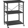 VASAGLE Carrello da Cucina con Rotelle, Carrello di Servizio con 3 Ripiani, Scaffale per Microonde, Struttura Metallica con 6 Ganci, 40 x 60 x 89 cm, Nero Ebano e Nero Inchiostro KKS060B42