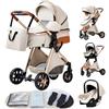 YAZOCO Passeggino 3 in 1 Carrozzina Multifunzionale Carrozzina Ovetto Pieghevole Set Passeggino Neonato Sedili Parapiedi Zanzariere Vista Dall'Alto (4 crema)