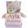 KIDDI-MEDIA Coperta per neonato ricamata con nome e data di nascita, rosa | Incl. peluche peluche, regalo battesimo nascita, certificazione CE, TEDDY con cuffia per dormire