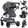 Magic ZC Passeggino Trio, Passeggino 3 in 1 con Doppia Modalità Push Reversibile, Trio Passeggini Neonati in Alluminio Pieghevole, Carrozzina per Neonati con Grande Navicella (739 Grey)