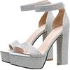 DSAI Sandali con plateau in argento con strass, punta aperta e cinturino alla caviglia, con tacco quadrato, scarpe da sposa da donna, colore argento, 39