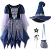Generico Costume Da Strega Per Bambina Set 4 Pezzi Con Vestito Cappello Bacchetta Borsetta Per Halloween Carnevale Spettacolo Festa 4-15 Anni