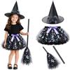 SilverChry Costume Halloween Strega Bambina 3 Pezzi con Cappello, Gonna Tutu e Scopa | Costume Halloween Bambina per Carnevale con Cappello da Strega, Gonna in Tulle e Scopa, 4 Colori Disponibili