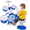 GYMAX Set Batteria Jazz per Bambini con 5 Tamburi, 1 Cimbalo, 2 Bacchette, 1 Leggio e Pedale, Set di Tamburi con Sgabello, Giocattolo Strumento Musicale per Bambini 3+ Anni, Blu