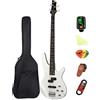 Bullfighter Basso elettrico a 4 corde, full size, P Bass, kit per principianti, nero, con custodia morbida, tracolla per chitarra, plettri e cavo per chitarra (White)