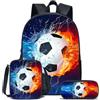 Generic Set di Zaini da Calcio in 3 Pezzi Zaino Leggero Unisex | Zaino scolastico per bambini grande capacità resistente all'acqua con pranzo termico e astuccio
