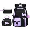 WANWEN Zaino Aesthetic Scuola Media Bambina, Set 3 Pezzi con Borsa Pranzo e Astuccio, Zainetto Carino Organizzato con Fiocco per Ragazze, Ergonomico Impermeabile (Viola)