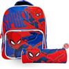 MUNTRADE Set Scolastico Spider-Man 2 Pezzi | Zaino Con Tasca + Astuccio Rotondo | Design Marvel Rosso E Blu, Tasca Frontale, Astuccio Cilindrico