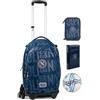 PRESTIGE & DELUXE Trolley con Zaino scuola staccabile Napoli Tondo Blu Primaria secondaria e mini pallone + Astuccio 3 piani completo di cancelleria + Diario standard 18x14 cm + portachiave squadra
