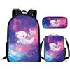THKVSV Zaino con coniglio lavanda per ragazze e ragazzi carino set di libri per bambini studenti estetico leggero viola 43 cm zaino scuola e set per il pranzo, Galaxy Stars Axolotl, taglia unica