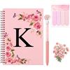 WALLFID Agenda Personalizzata A-Z con Iniziale, Quaderno Personalizzato Floreale con Penna Diamante, Sticky Notes e Adesivi, Block Notes A5 per Laurea Nuovo Lavoro Compleanno，K