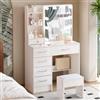 Puselo Tavolo da toeletta con illuminazione e specchio, tavolo cosmetico con sgabello, 6 cassetti e 6 scomparti, bianco, per camera da letto, 80 x 36 x 130 cm, PF07