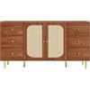 Azkoeesy Credenza 160 cm Colore Noce con Maniglie e Gambe Dorate, 6 Cassetti, 2 Ante effetto rattan, Anti‑Ribaltamento, Buffet adatta come mobile TV, per Soggiorno e Cucina, 160x40x90 cm