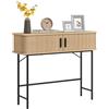 HOMCOM 39 consolle stretto con ante a lamelle, rovere e nero | Tavolo d'ingresso mid-century, scompartimenti, dietro divano, soggiorno, corridoio