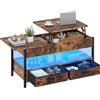 YITAHOME Tavolino da Caffè Sollevabile in Legno, Tavolino Moderno con Ripiano e 2 Cassetti, Tavolino da Salotto con 16 Colori di Luci a LED, Marrone Rustico, 106 x 50 x 51,5 cm