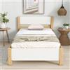 Merax Letto singolo Merax 90x200cm in legno di pino, struttura in legno con testata e pediera in MDF, bianco + naturale, con piede centrale per adulti e adolescenti
