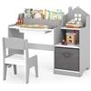 COSTWAY Set Scrivania e Sedia per Bambini 3-12 Anni, Tavolo e Sedia in Legno Salvaspazio con Cassetto in Plastica e Cassetto in Tessuto, Banco Scuola e Seggiola per Cameretta (Grigio)