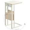 VASAGLE Tavolino, Comodino con Stazione di Ricarica, a Forma di C per Piccolo Spazio, 2 Porte USB e Prese, Borsa Portaoggetti, Piedini Regolabili, Camera da Letto Salotto, Bianco Crema LET356W02