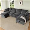 DACHETOU Divano moderno a forma di U, in ciniglia, grigio, 284 x 135 x 84 cm, 2 posti con due elementi chaise longue, contenitore apribile