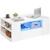 YITAHOME Tavolino da salotto, bianco, lucido, con illuminazione a LED a 16 colori, moderno, tavolino bianco con scaffale aperto e 2 cassetti estraibili, 95 x 55 x 37 cm