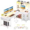 Klyvvo 140x100cm Forma a L Gaming Scrivania con Libreria, LED per Lavorare | Reversibile Scrivania Angolare con 4 Cassetti,Supporto per Monitor,3 Presa 2 USB Integrata, Gancio per Lavorare,Gaming,Bianco