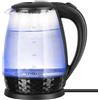 LEHMANN Bollitore Elettrico in Vetro, Capacità 2 L, 2200 W, Illuminazione a LED Blu, Spegnimento Automatico e Protezione dal Surriscaldamento, Base Girevole 360°, Senza BPA, Trasparente